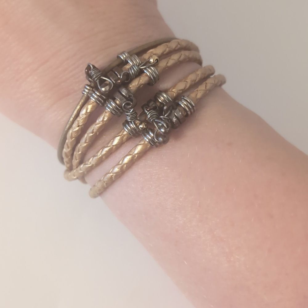 757 Gold Multi Strand Braided‎ Leather Beaded Cuff Bracelet